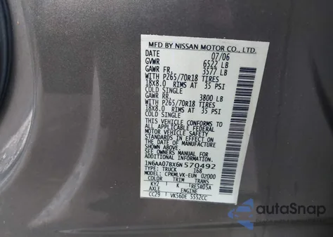 2006 Nissan Titan Le из США, поврежденный, VIN 1N6AA07BX6N570492